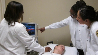 Students examining monitor